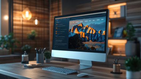 A desktop computer screen in a creative workspace for software UI mockupの素材