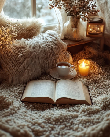 A cozy tea nook with a book, a candle, and a cup of hot chamomile teaの素材