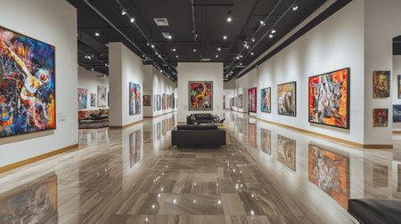 Art gallery with modern paintings on displayの素材