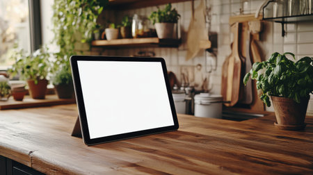 A blank tablet screen on a wooden kitchen counter for a recipe app mockupの素材
