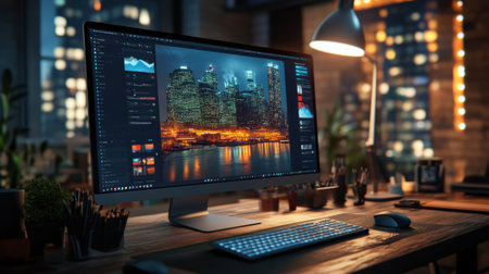 A desktop computer screen in a creative workspace for software UI mockupの素材