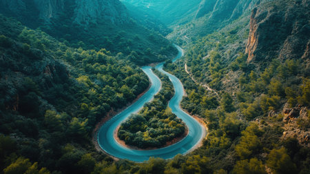 Aerial view of a winding road through mountainsの素材