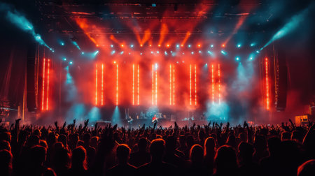 Concert stage with a huge crowd and lightsの素材