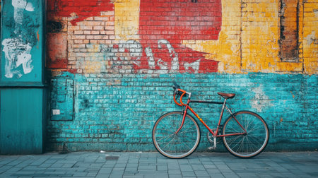 Bicycle leaning against a wall with graffitiの素材