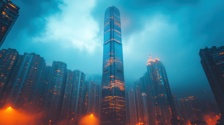 Cityscape with a towering skyscraperの素材