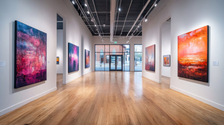 Art gallery with modern paintings on displayの素材