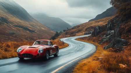 Classic sports car on a winding mountain roadの素材