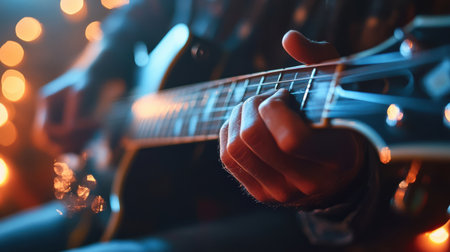 Close-up of a musician playing a guitarの素材