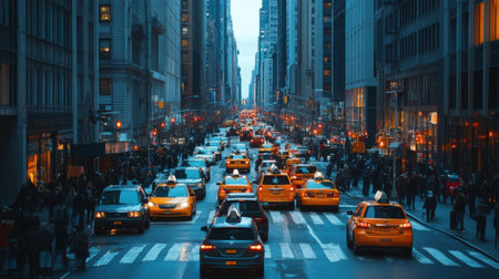 Busy urban street with people and carsの素材