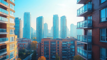 City skyline with a mix of old and new architectureの素材