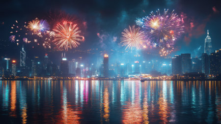 City skyline with fireworks in the backgroundの素材