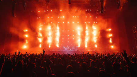 Concert stage with a huge crowd and lightsの素材