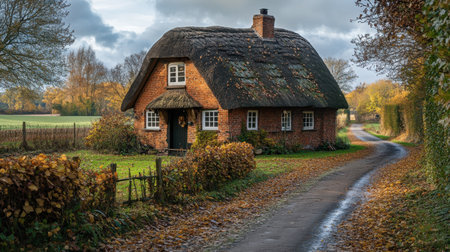 Cozy cottage with a thatched roofの素材