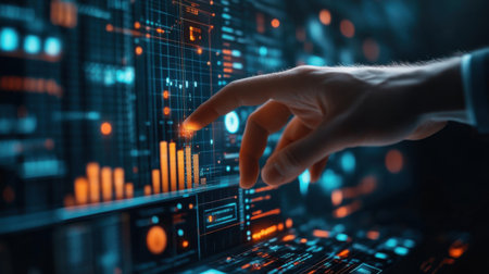 Closeup of a businessman39s hand touching a digital interface with overlapping bar graphs representing financial insights and technologyの素材