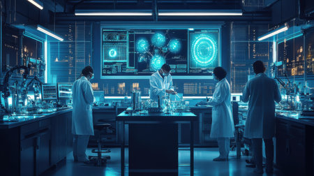 High-tech laboratory with scientists workingの素材