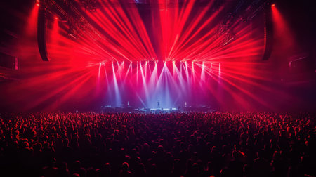 Concert stage with a huge crowd and lightsの素材
