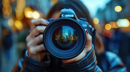 Close-up of a photographer taking a pictureの素材