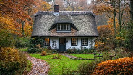 Cozy cottage with a thatched roofの素材