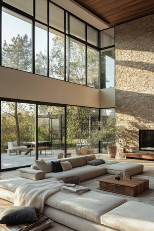 Luxurious modern living room with large windowsの素材