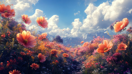 Dreamlike landscape with giant flowersの素材