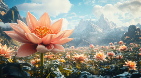 Dreamlike landscape with giant flowersの素材