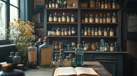 Old-fashioned apothecary with glass jarsの素材