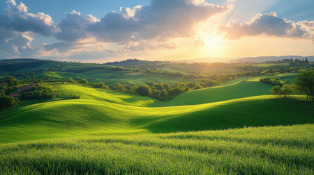 Serene countryside landscape with rolling hillsの素材