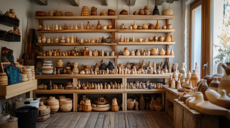 Handcrafted wooden toys in a rustic shopの素材