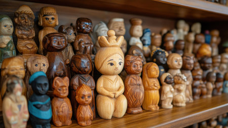 Hand-carved wooden figurines on a shelfの素材