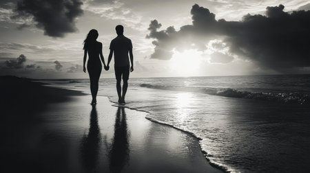 Romantic couple walking hand in hand on a beachの素材