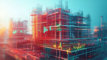 Innovative composition Building under construction with financial charts symbolizing the correlation between development and economic indicatorsの素材