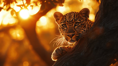 A leopard climbing a tree in the golden light of sunsetの素材