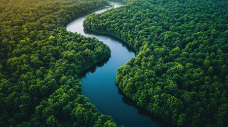 Scenic river winding through a dense forestの素材