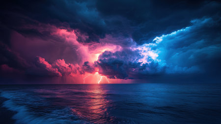 Powerful storm with lightning over the oceanの素材