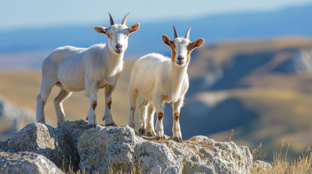 A pair of goats climbing a rocky hill on a farmの素材