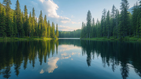 Serene lake surrounded by tall treesの素材