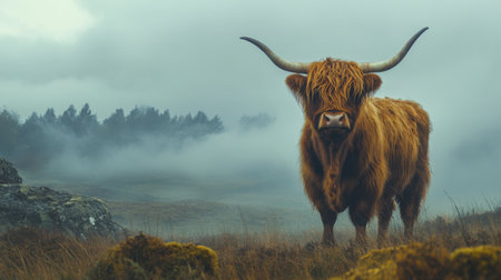 A highland cow with long shaggy hair standing in the misty hillsの素材