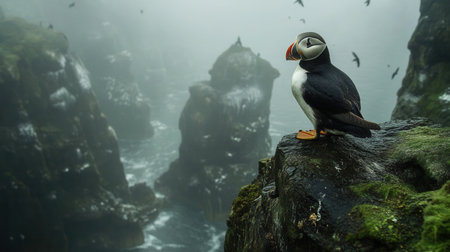 A puffin standing on a rocky cliff by the seaの素材