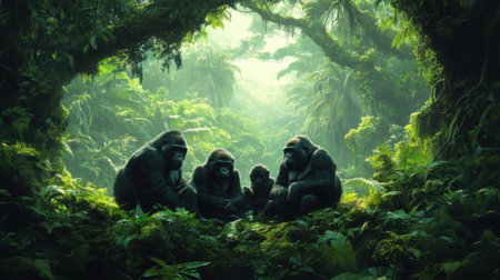 A gorilla family resting in a dense jungle clearingの素材