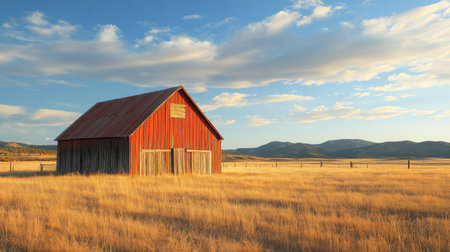 Rustic barn in a wide-open fieldの素材