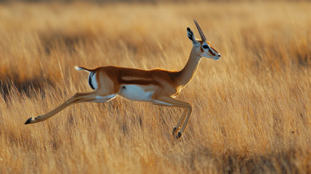 A gazelle leaping through tall grass in the African savannahの素材