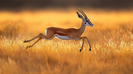 A gazelle leaping through tall grass in the African savannahの素材
