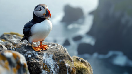 A puffin standing on a rocky cliff by the seaの素材