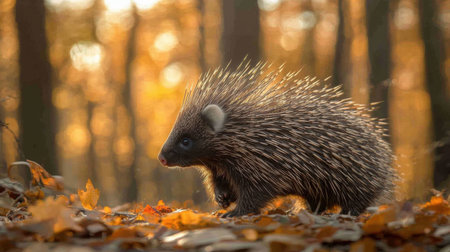 A porcupine cautiously exploring the forest floorの素材