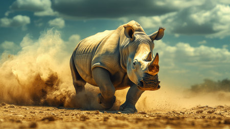 A rhino charging across a dry, cracked landscapeの素材