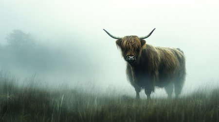 A highland cow with long shaggy hair standing in the misty hillsの素材