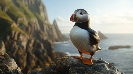 A puffin standing on a rocky cliff by the seaの素材