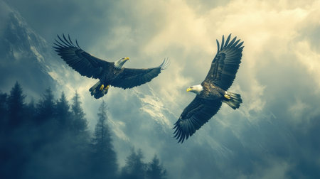 A pair of eagles soaring high above a mountain rangeの素材