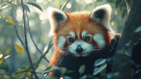 A red panda curiously exploring its surroundingsの素材