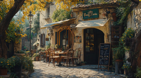 Small cafa in a quiet European villageの素材